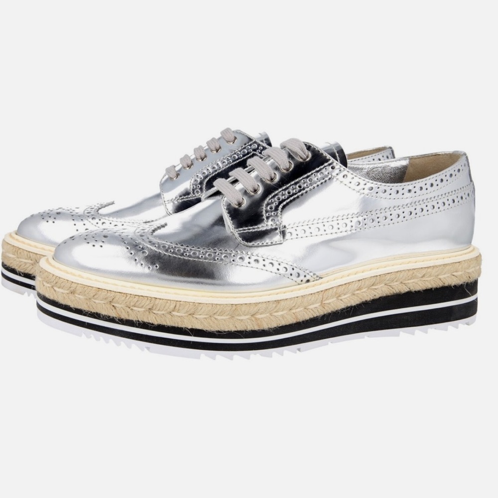 🩶🐨🪩PRADA  Silver Espadrille Oxford Brogue Shoes